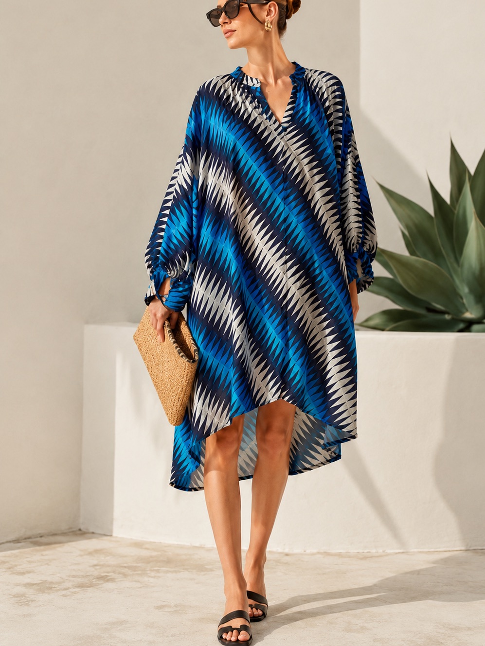 Essentiel Antwerp Geometric Shirt Dress Blue Black White Balloon Sleeve